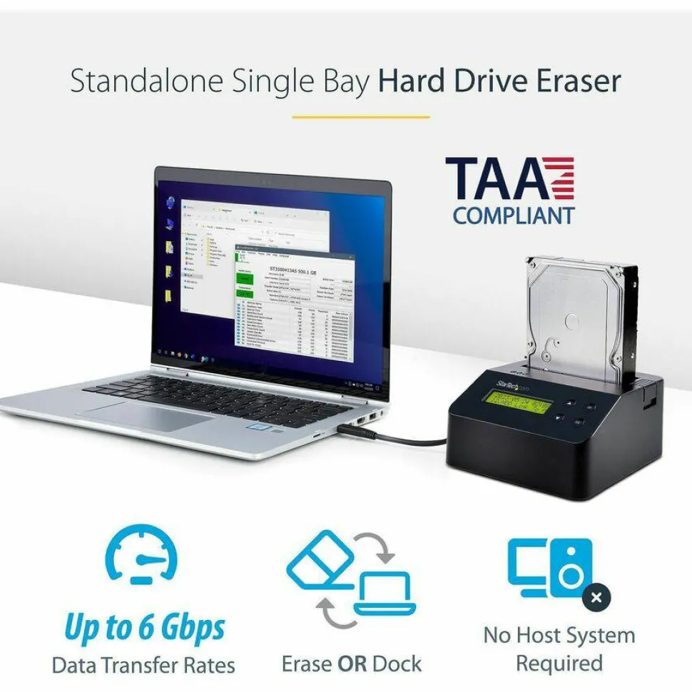 StarTech Hard Drive Eraser, Standalone HDD/SSD Sanitizer, 4Kn, Secure Erase Hard Disk Wiper Dock, Hardware Erasing Tool, TAA Compliant
