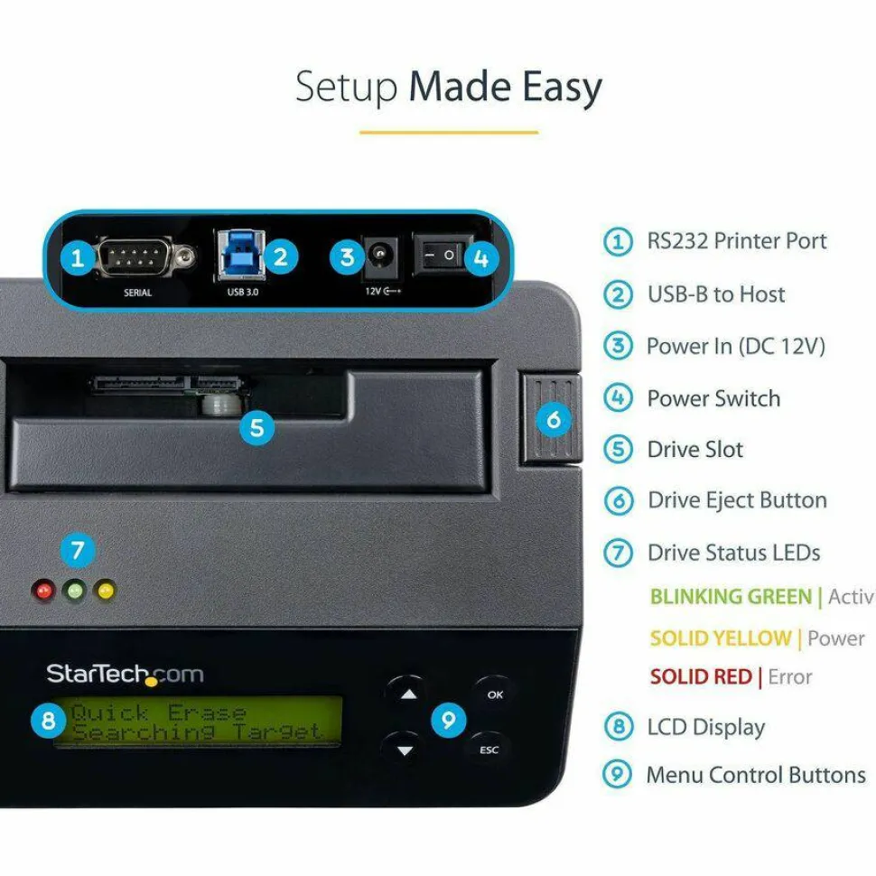 StarTech Hard Drive Eraser, Standalone HDD/SSD Sanitizer, 4Kn, Secure Erase Hard Disk Wiper Dock, Hardware Erasing Tool, TAA Compliant
