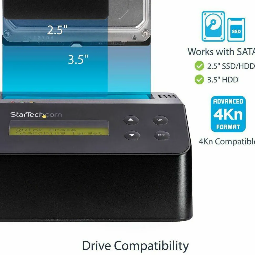 StarTech Hard Drive Eraser, Standalone HDD/SSD Sanitizer, 4Kn, Secure Erase Hard Disk Wiper Dock, Hardware Erasing Tool, TAA Compliant
