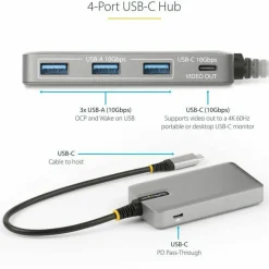 StarTech 4-Port USB-C Hub with USB-C DP Alt Mode Video Output, 3x USB-A, 1x USB-C, 100W Power Delivery Pass-Through, USB 3.2 10Gbps