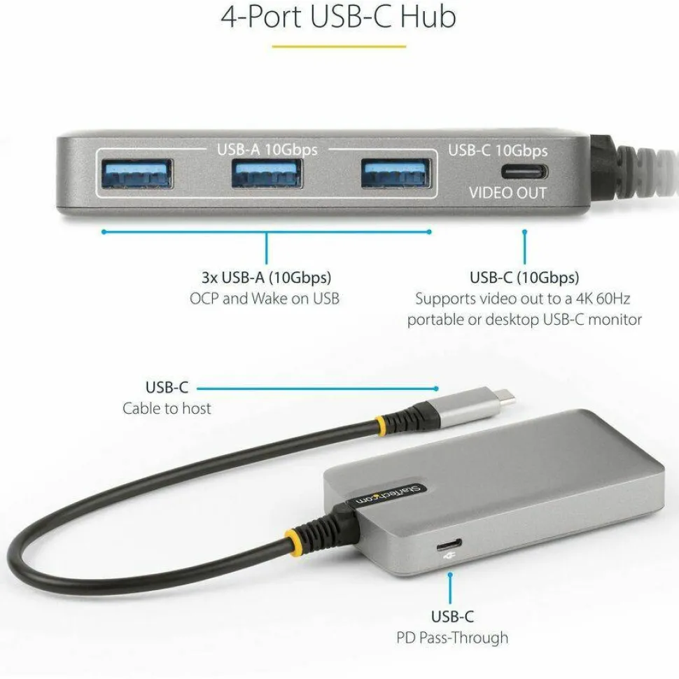 StarTech 4-Port USB-C Hub with USB-C DP Alt Mode Video Output, 3x USB-A, 1x USB-C, 100W Power Delivery Pass-Through, USB 3.2 10Gbps