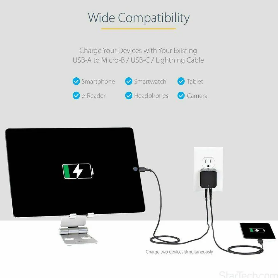 StarTech 2 Port USB Wall Charger, 17W Wall Charger Hub (2.4A & 1A port), Dual USB-A Power Adapter, Portable Charger for Phones/Tablets