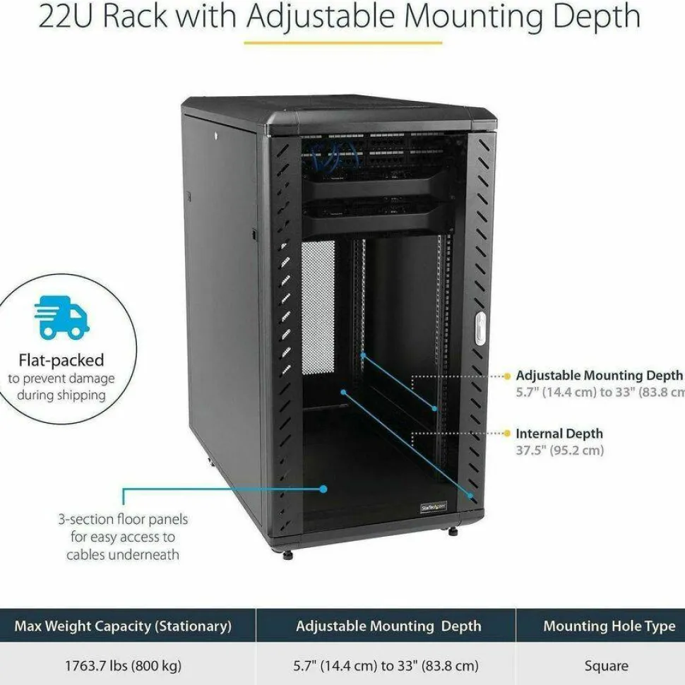 StarTech 4-Post 22U Server Rack Cabinet, 19" Data Rack Cabinet for Computer / IT Equipment, Home Network Rack, Half Height Server Rack
