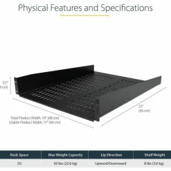 StarTech 2U 22in Vented Rack Mount Shelf - Fixed 22 inch Deep antilever Rackmount Tray for Server Rack Cabinet Shelf - 50lbs / 23kg