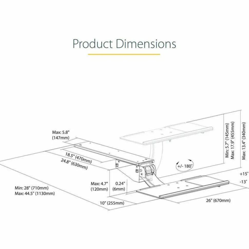 StarTech Under Desk Keyboard Tray, Height Adjustable Keyboard and Mouse Tray (10" x 26"), Ergonomic Computer Keyboard Tray w/Mouse Pad