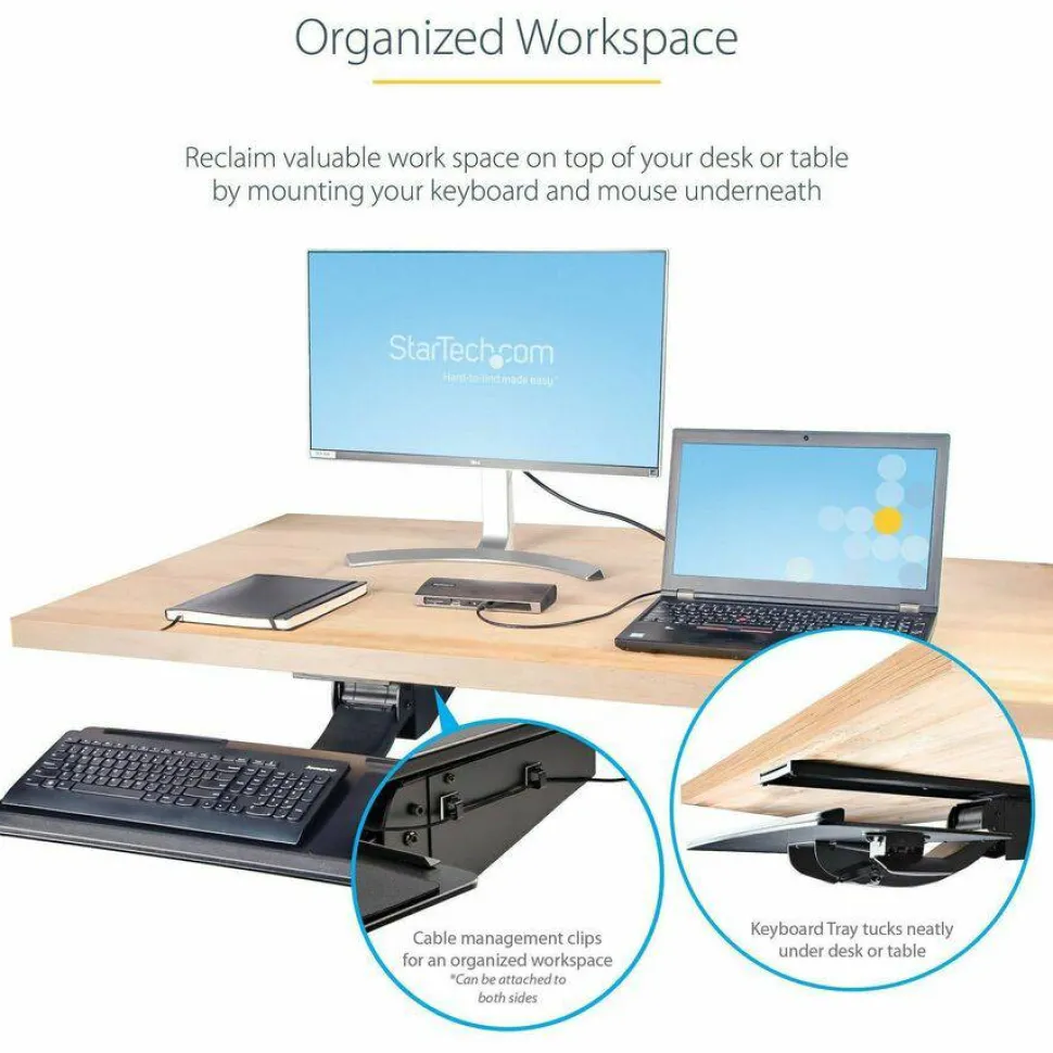 StarTech Under Desk Keyboard Tray, Height Adjustable Keyboard and Mouse Tray (10" x 26"), Ergonomic Computer Keyboard Tray w/Mouse Pad