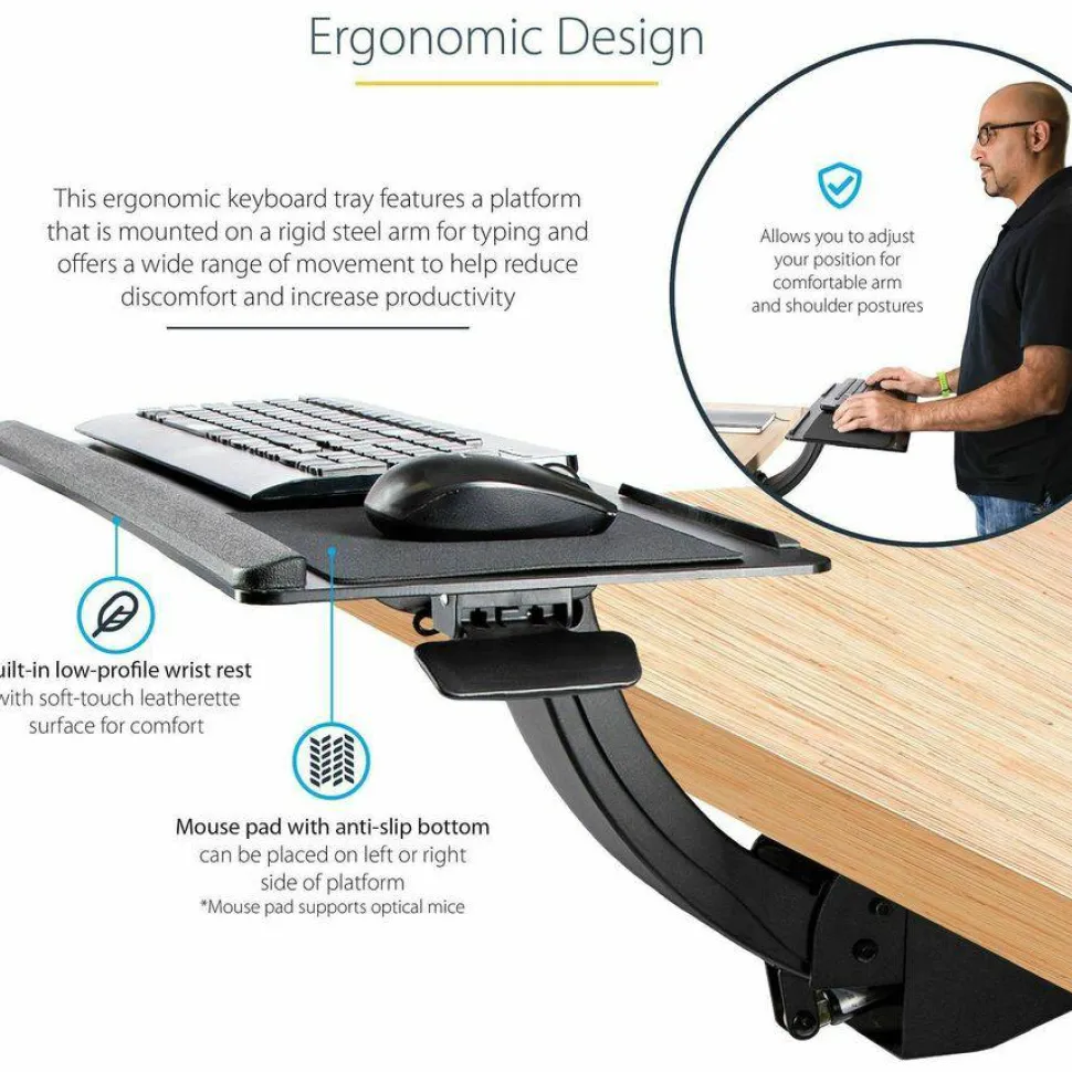 StarTech Under Desk Keyboard Tray, Height Adjustable Keyboard and Mouse Tray (10" x 26"), Ergonomic Computer Keyboard Tray w/Mouse Pad
