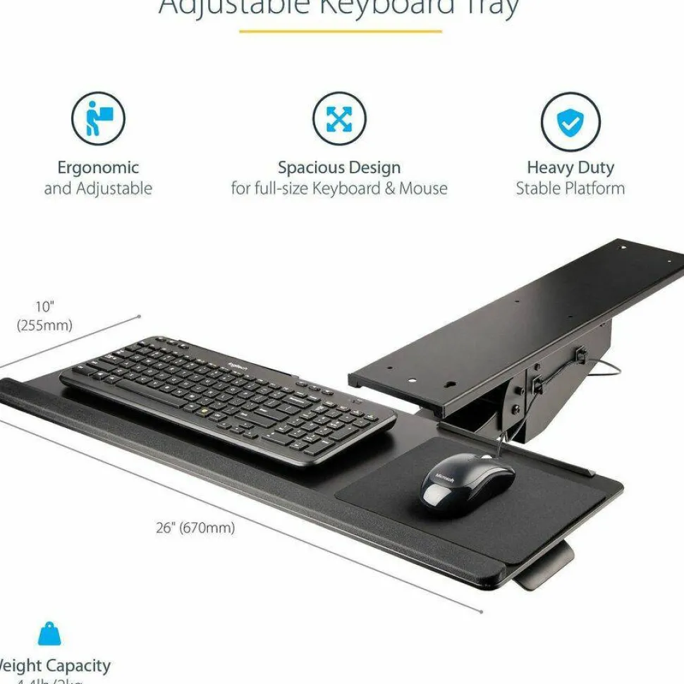 StarTech Under Desk Keyboard Tray, Height Adjustable Keyboard and Mouse Tray (10" x 26"), Ergonomic Computer Keyboard Tray w/Mouse Pad