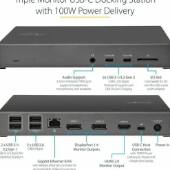 StarTech USB C Dock, Triple 4K Monitor USB-C Docking Station with DP 1.4 & DSC, 2x DisplayPort & 1x HDMI, 100W PD, 6x USB (2x 10Gbps)