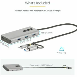 StarTech USB-C Multiport Adapter w/Attached USB-C to USB-A Dongle, Dual HDMI 4K/1080, 3x USB, Mini Laptop Docking Station, Travel Dock