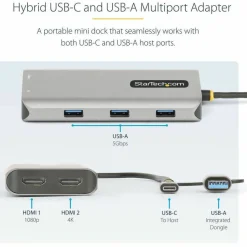 StarTech USB-C Multiport Adapter w/Attached USB-C to USB-A Dongle, Dual HDMI 4K/1080, 3x USB, Mini Laptop Docking Station, Travel Dock