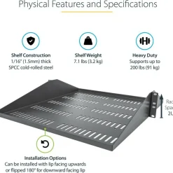StarTech 2U Vented Server Rack Shelf - Center Mount Fixed 20" Deep Cantilever Rackmount Tray for 19" Data/AV/Network w/Cage Nuts