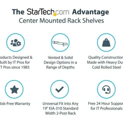 StarTech 2U Vented Server Rack Shelf - Center Mount Fixed 20" Deep Cantilever Rackmount Tray for 19" Data/AV/Network w/Cage Nuts