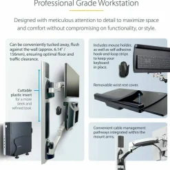 StarTech Wall Mount Workstation, VESA Mount 22lb/10kg, Fully Articulating Monitor Mount/Keyboard Tray, Standing Desk w/PC Bracket, TAA