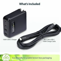 StarTech 100W USB-C Wall Charger, 2x USB-C, 2x USB-A, Quick Charging Portable GaN Power Adapter, PD 3.0, 6ft/1.8m USB-C to USB-C Cable