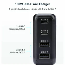 StarTech 100W USB-C Wall Charger, 2x USB-C, 2x USB-A, Quick Charging Portable GaN Power Adapter, PD 3.0, 6ft/1.8m USB-C to USB-C Cable