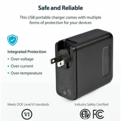 StarTech 100W USB-C Wall Charger, 2x USB-C, 2x USB-A, Quick Charging Portable GaN Power Adapter, PD 3.0, 6ft/1.8m USB-C to USB-C Cable