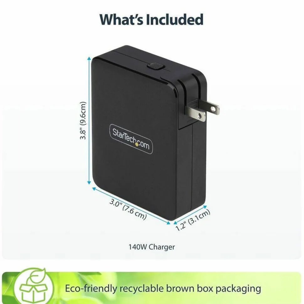 StarTech 140W USB-C Wall Charger, 3x USB-C/1x USB-A, PD 3.1 Portable GaN Power Adapter for MacBook Pro/Max/Dell XPS/Inspiron/Precision
