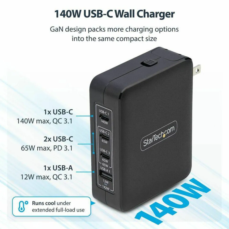 StarTech 140W USB-C Wall Charger, 3x USB-C/1x USB-A, PD 3.1 Portable GaN Power Adapter for MacBook Pro/Max/Dell XPS/Inspiron/Precision
