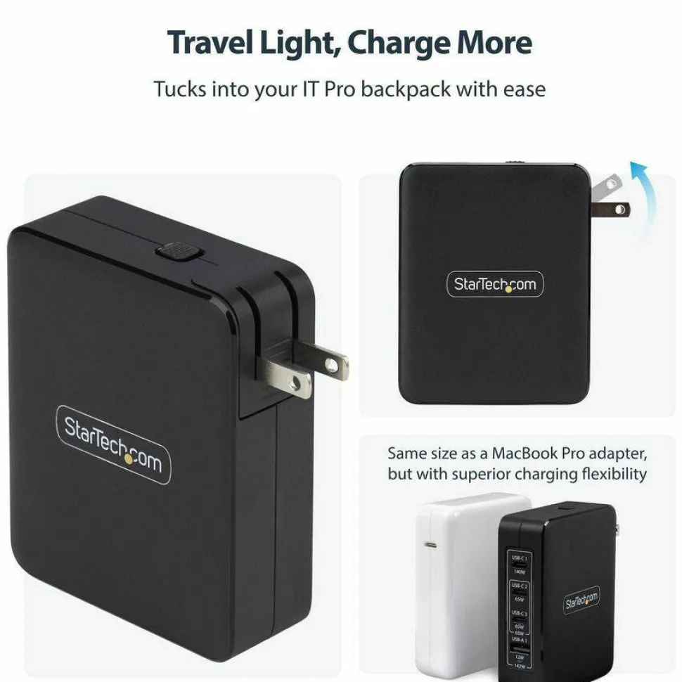 StarTech 140W USB-C Wall Charger, 3x USB-C/1x USB-A, PD 3.1 Portable GaN Power Adapter for MacBook Pro/Max/Dell XPS/Inspiron/Precision