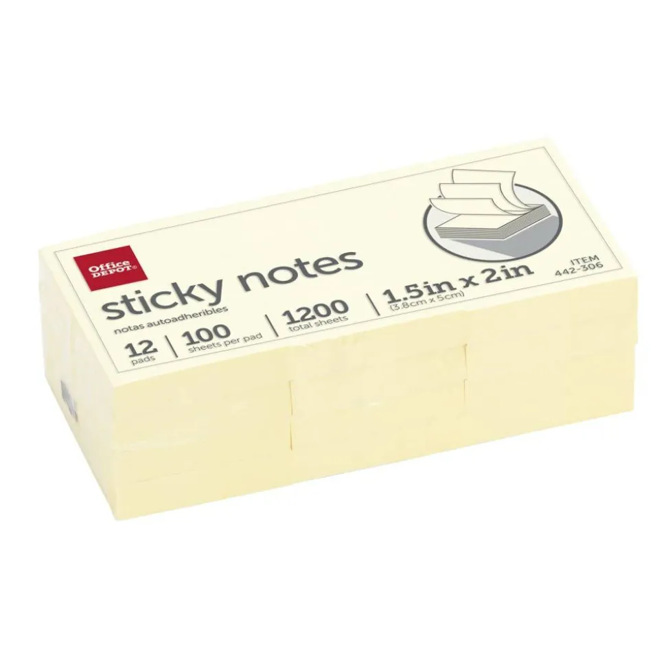 Sticky Notes, 1-1/2" x 2", Yellow, 100 Sheets Per Pad, Pack Of 12 Pads