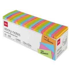 Sticky Notes, With Storage Tray, 3" x 3", Assorted Vivid Colors, 100 Sheets Per Pad, Pack Of 24 Pads