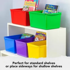 Storex Double XL Wide Book Bins, Medium Size, 7" x 9 13/16" x 14 1/2", Assorted Color, Carton Of 6