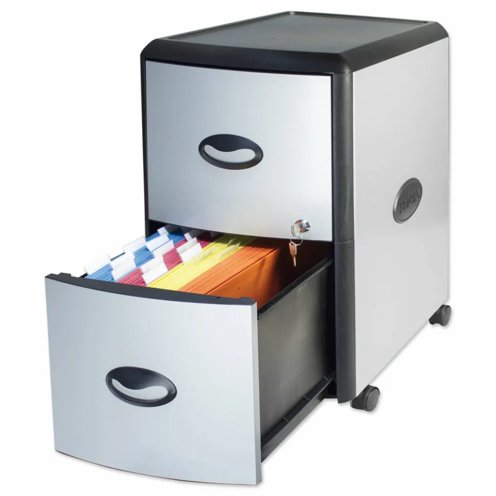 Storex Mobile Filing Cabinet with Metal Siding, 2 Letter-Size File Drawers, Silver/Black, 19" x 15" x 23"