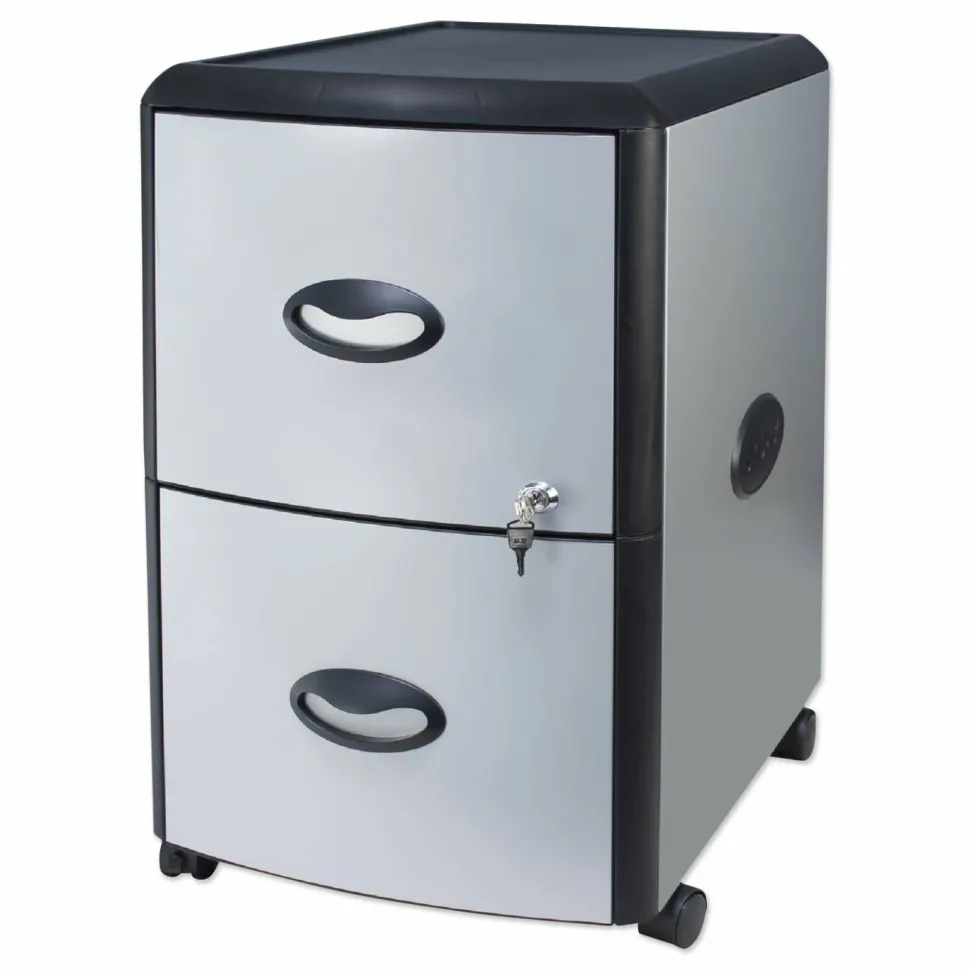 Storex Mobile Filing Cabinet with Metal Siding, 2 Letter-Size File Drawers, Silver/Black, 19" x 15" x 23"