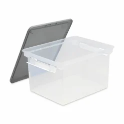 Storex Portable File Tote with Locking Handles, Letter/Legal Files, 18.5" x 14.25" x 10.88", Clear/Silver