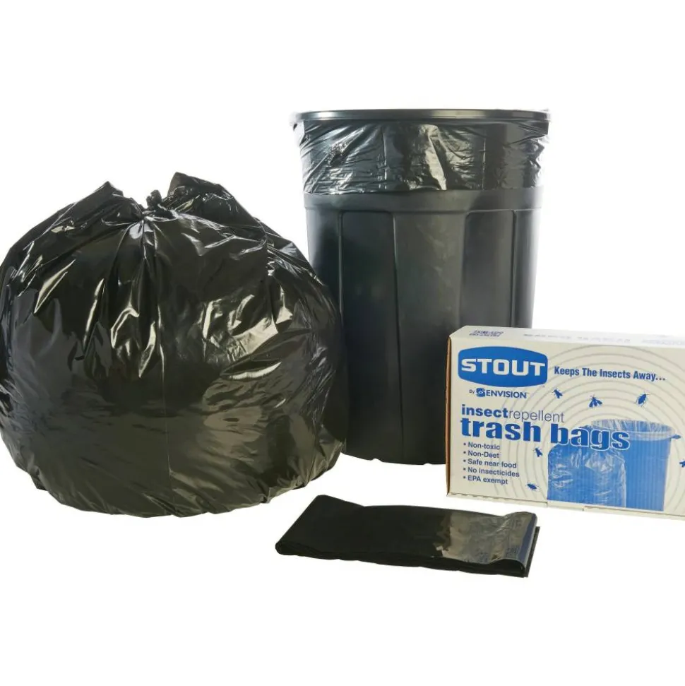 Stout Pest-Guard 2.00-mil Insect Repellent Trash Bags, 55 Gallons, 37" x 52", Black, Box Of 65