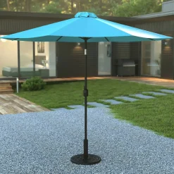 Sunny Teal 9 FT Round Umbrella with Crank and Tilt Function and Standing Umbrella Base