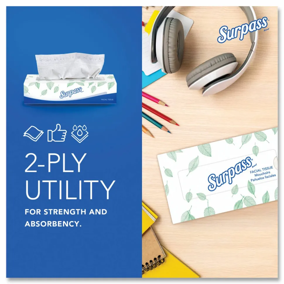 Surpass 2-Ply Facial Tissue, Unscented, 100 Tissues Per Box, Case of 30 Boxes