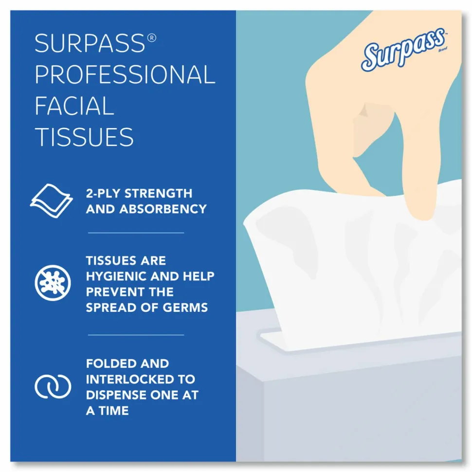 Surpass 2-Ply Facial Tissue, Unscented, 100 Tissues Per Box, Case of 30 Boxes
