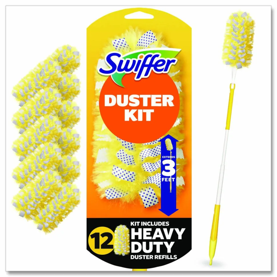 Swiffer Heavy Duty Dusters Starter Kit, Handle Extends to 3 ft, 1 Handle with 12 Duster Refills