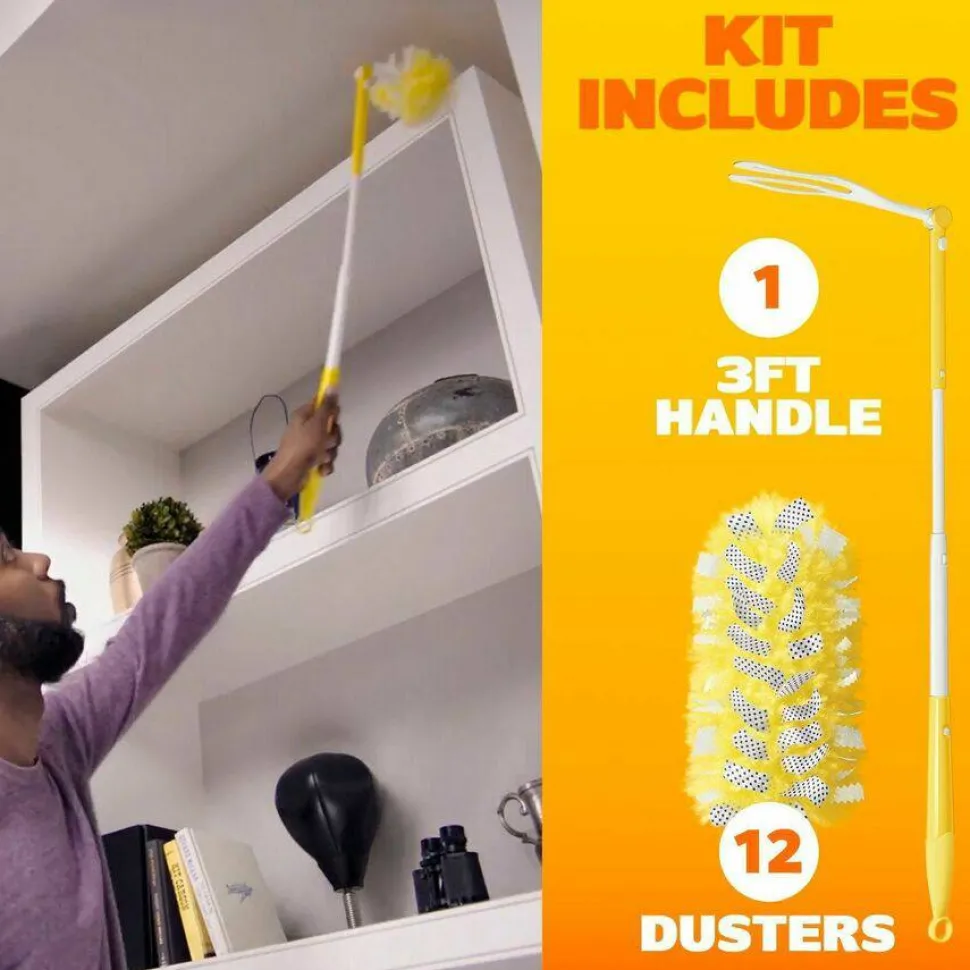 Swiffer Heavy Duty Dusters Starter Kit, Handle Extends to 3 ft, 1 Handle with 12 Duster Refills