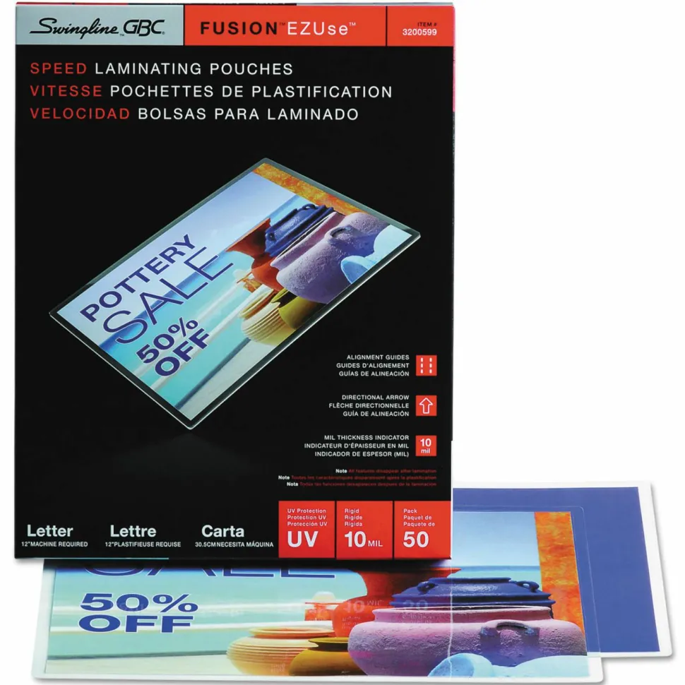 Swingline GBC EZUse Laminating Pouches, Letter Size, 10 Mil, Clear, 50/Pack