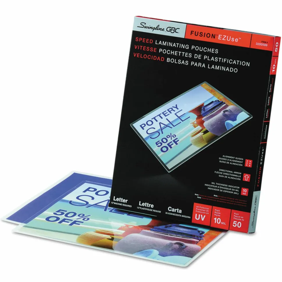 Swingline GBC EZUse Laminating Pouches, Letter Size, 10 Mil, Clear, 50/Pack