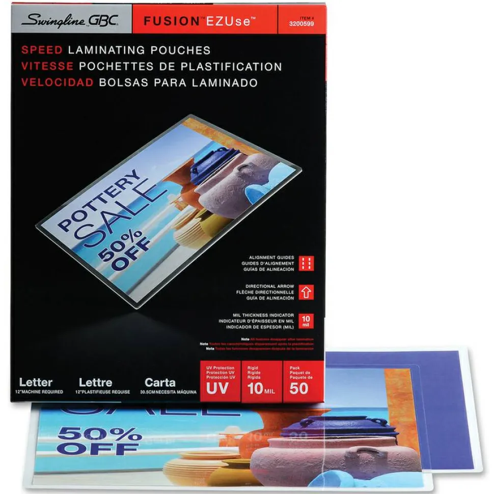 Swingline GBC EZUse Laminating Pouches, Letter Size, 10 Mil, Clear, 50/Pack