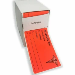 Tabbies "ALLERGIC TO:" Medical Allergy Labels, TAB00488, 4" x 2 1/2", Fluorescent Red, Roll Of 100