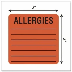Tabbies Allergy Labels, TAB40560, 2" x 2" Square, Flourescent Red, Roll of 500