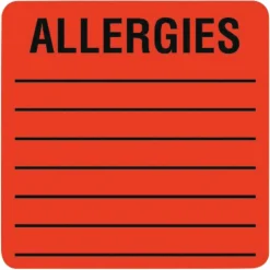 Tabbies Allergy Labels, TAB40560, 2" x 2" Square, Flourescent Red, Roll of 500
