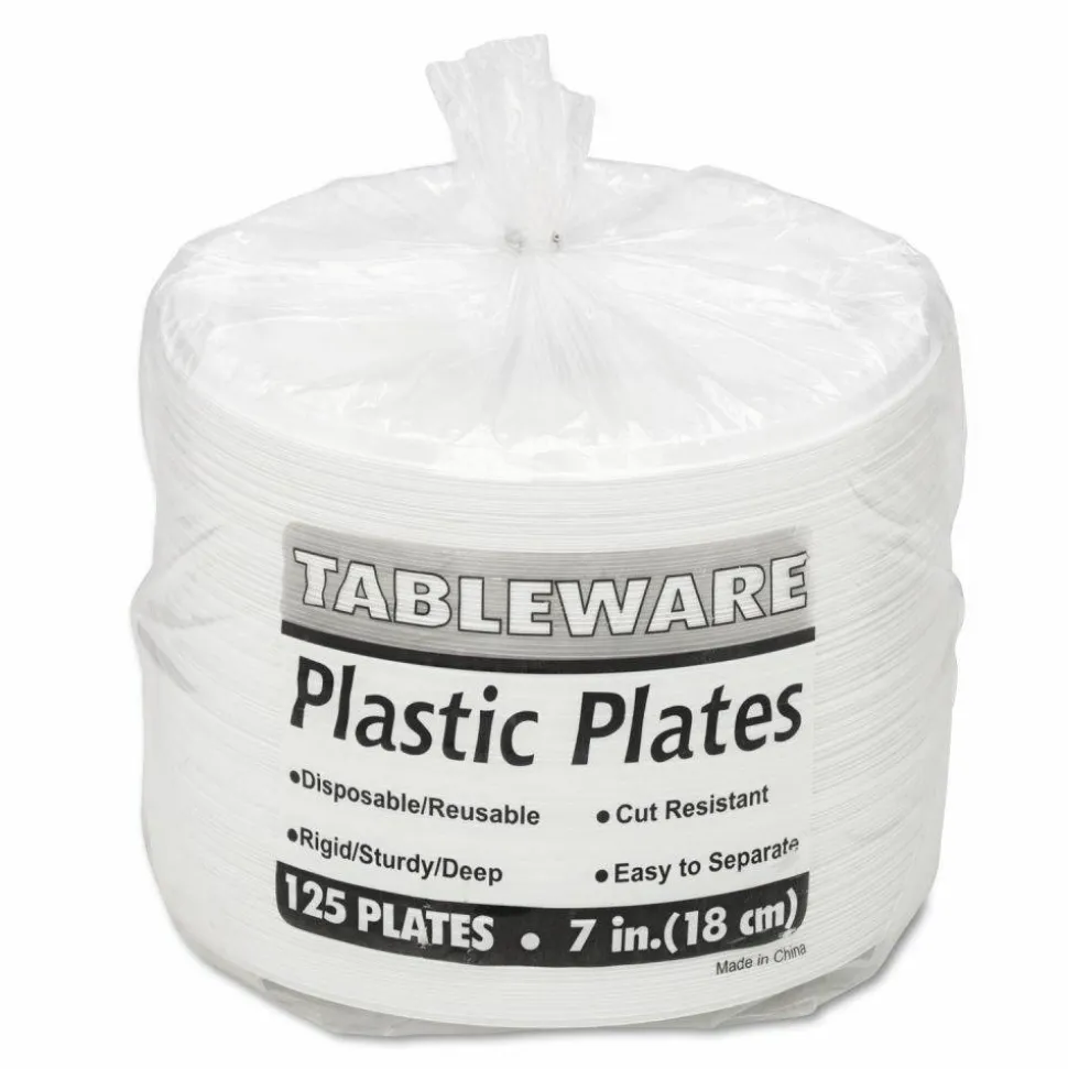Tablemate Plastic Dinnerware, Plates, 7" dia, White, 125/Pack