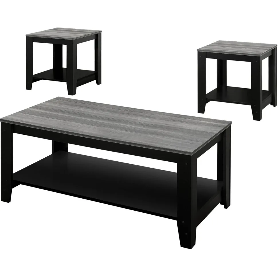 Table Set, 3pcs Set, Coffee, End, Side, Accent, Living Room, Black And Grey Laminate, Transitional