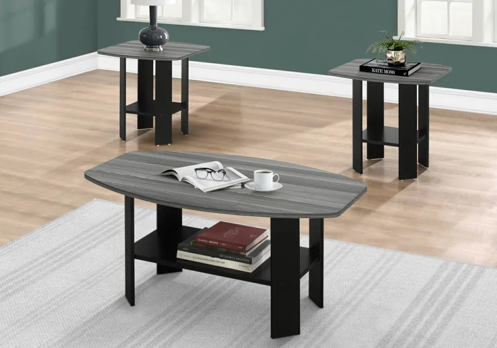 Table Set, 3pcs Set, Coffee, End, Side, Accent, Living Room, Black And Grey Laminate, Transitional