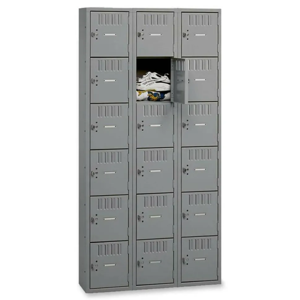 Tennsco Six-Tier Box Locker, 3-Wide, 72"H x 36"W x 18"D, Medium Gray