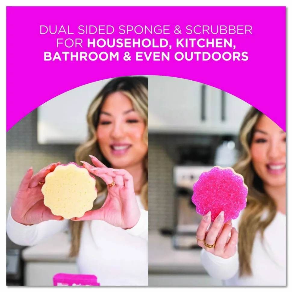 The Pink Stuff Sqeezy Dual-Sided Sponge and Scrubber, 4" x 5.3", 3.8" Thick, Pink/Ivory, 12/Carton