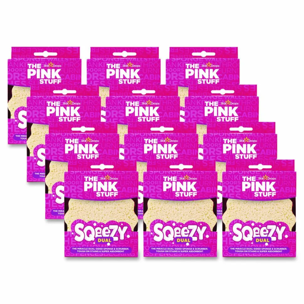 The Pink Stuff Sqeezy Dual-Sided Sponge and Scrubber, 4" x 5.3", 3.8" Thick, Pink/Ivory, 12/Carton