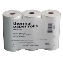 Thermal Receipt Paper Rolls, 2-1/4"x165', Phenol-Free, White, 6 Rolls