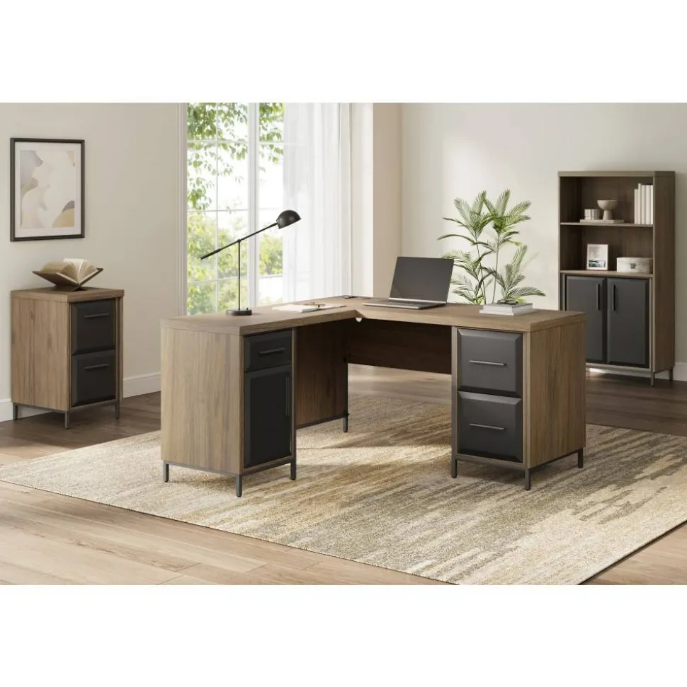 Thomasville Alderbrook 60"W L-Shaped Corner Desk With Integrated Power Outlet, Walnut/Matte Black